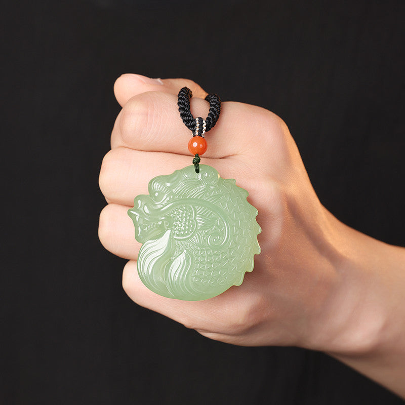Double-sided Fine Carved Dragon-Carp Hetian Jade Pendant, Pale Cyan Zodiac Dragon Plaque, Holiday Gift