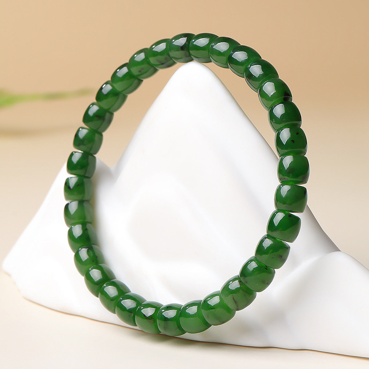 Hetian Jasper Single-loop Bracelet with Straight-cut Beads, Unisex Jade Bangle