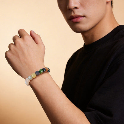 Blend with the World | Unisex Multi-color Hetian Jade Square Bead Bracelet & Handheld Ornament