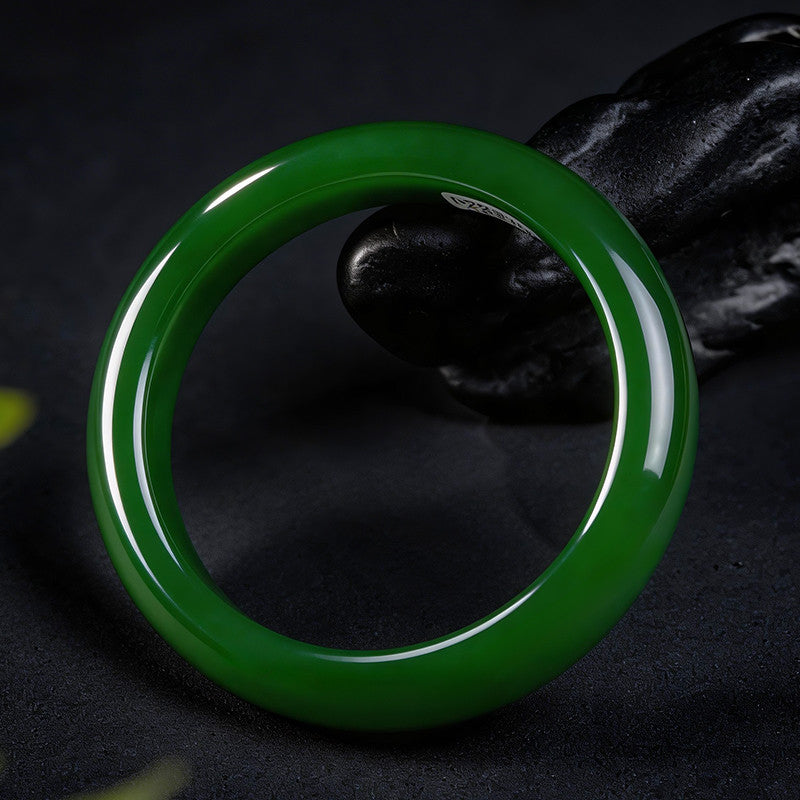 Collectible Grade Hetian Jasper Bangle, Oily Spinach Green Wide Band Women Jade Bracelet