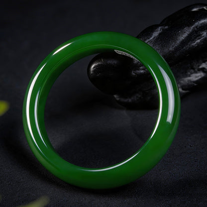 Collectible Grade Hetian Jasper Bangle, Oily Spinach Green Wide Band Women Jade Bracelet