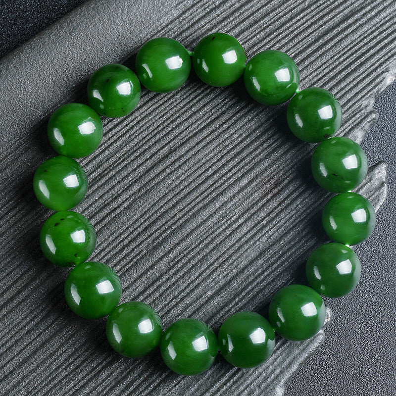 High-quality Hetian Jasper Bracelet, Slight Black Spinach Green Round Beads Jade Bangle, Festival Gift