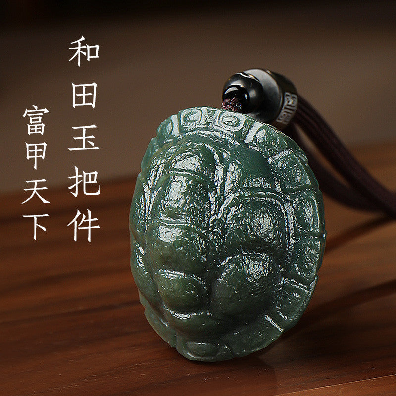 Men's Hetian Cyan Jade Turtle Shell Pendant & Hand Piece, Fortune All Over the World