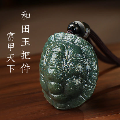 Men's Hetian Cyan Jade Turtle Shell Pendant & Hand Piece, Fortune All Over the World
