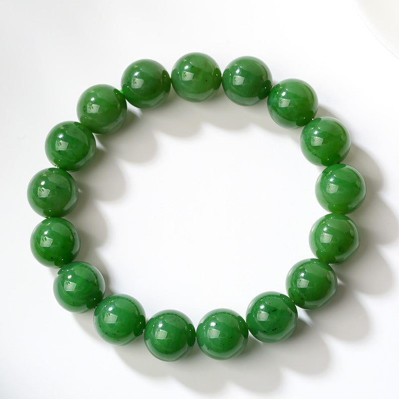 Unisex Spinach Green Hetian Jasper Round Bead Single-loop Bracelet