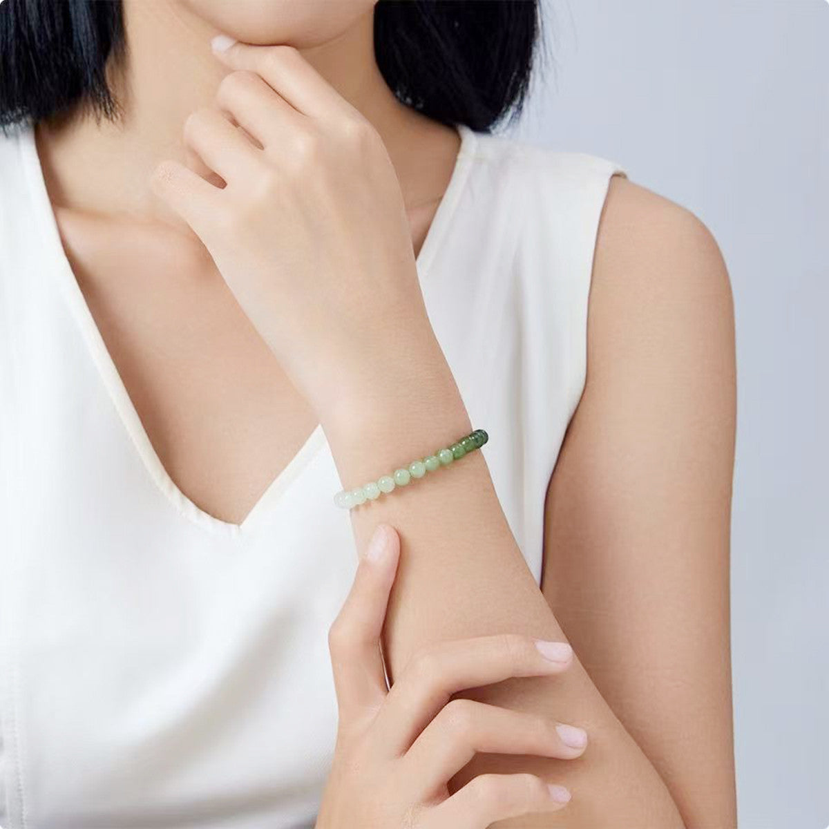 Minimalist Versatile Hetian Jade Bracelet, Gradient Clear Green Beaded Bangle, Elegant Plain Design