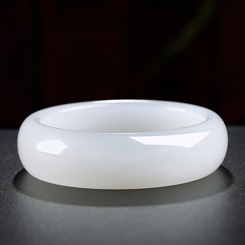 Heritage Grade Hetian Jade Bangle, Creamy White Wide Band Peace Bracelet