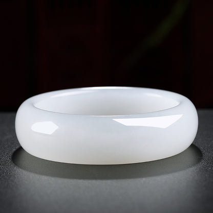 Heritage Grade Hetian Jade Bangle, Creamy White Wide Band Peace Bracelet