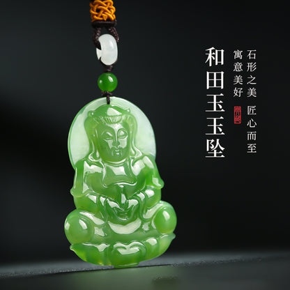 Unique Piece | Spinach Green Hetian Jasper Guanyin Pendant, Men's Bodhisattva Jade Ornament