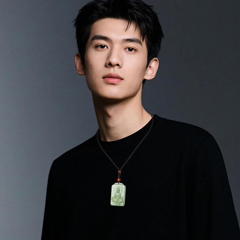 Men's Hetian Pale Cyan Jade Pendant, Clear Water Tone Guanyin Jade Charm, Festival Gift