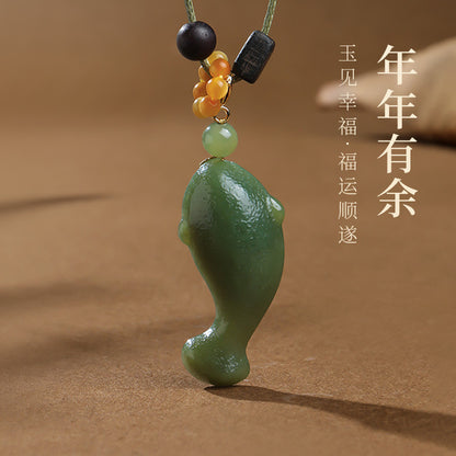 Swim Like Fish in Water｜Yellow-Cyan Hetian Jade Fish Pendant Unisex, With Cord & Certificate