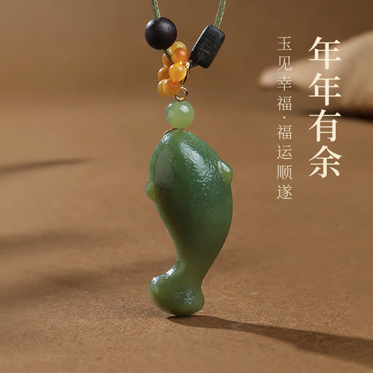 Swim Like Fish in Water｜Yellow-Cyan Hetian Jade Fish Pendant Unisex, With Cord & Certificate
