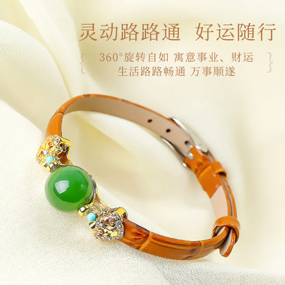Rotatable Barrel Bead Jade Bracelet, Hetian Jade & Jadeite Wristband with Pixiu, Gift