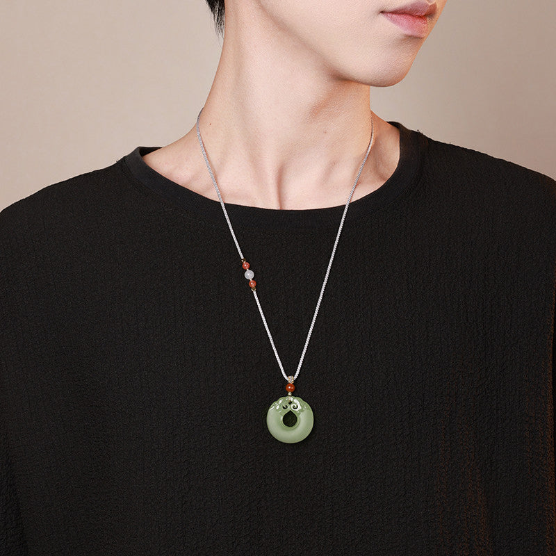 Pale Cyan Hetian Jade Double Dragon Safety Buckle Pendant, Unisex Holiday Gift Jade Ornament