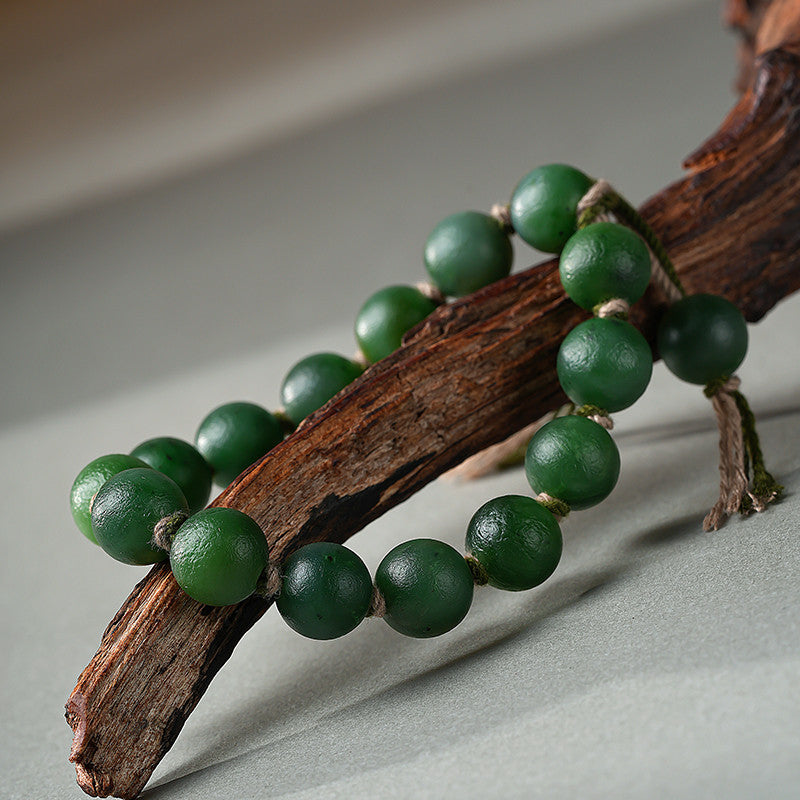 Antique Style Hetian Jasper Round Bead Bracelet, Unisex Single-loop Jade Bangle, Festival Gift