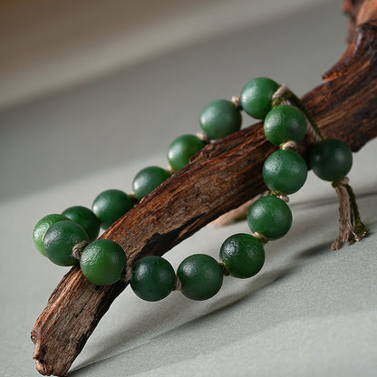 Antique Style Hetian Jasper Round Bead Bracelet, Unisex Single-loop Jade Bangle, Festival Gift