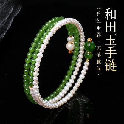 High-oil Apple Green Hetian Jasper Multi-loop Bracelet, Small Bead Bangle Style, Festival Gift