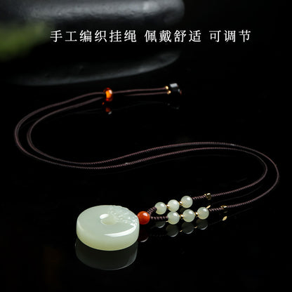 Smooth & Worry-free | Hetian Jade Pixiu Head Safety Buckle Pendant, Unisex Auspicious Beast Jade Charm with Braided Cord for Gift