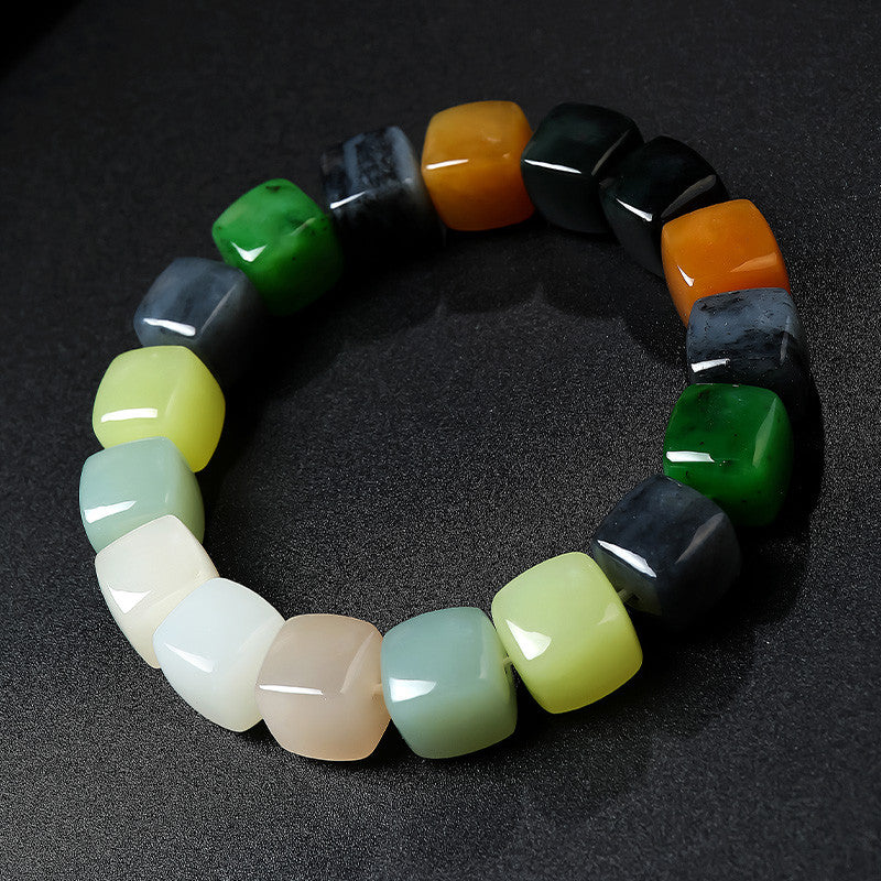 Unisex Hetian Jade Bracelet, Square Multi-Color Mixed Gem Beads, Handheld Bangle, Festival Gift