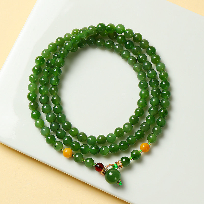 Spinach Green Hetian Jasper Round Bead Necklace, Sweater Chain, Gift for Mom