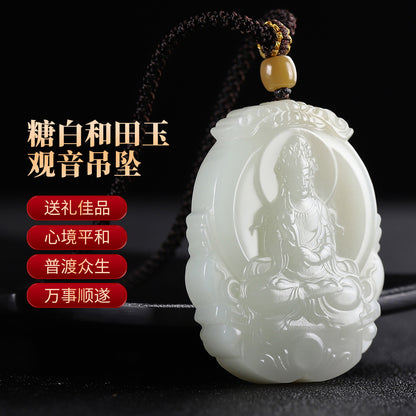 Russian Sugar Material Hetian Jade Guanyin Pendant, Exquisite Jade Charm for Men, Auspicious Religious Ornament, With Certificate & Collectible Value