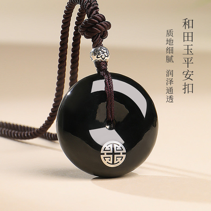 Oily Hetian Dark Green Jade Safety Buckle Pendant, Unisex Peace Jade Charm