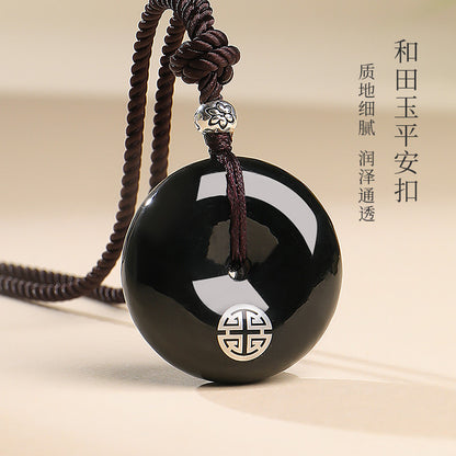Oily Hetian Dark Green Jade Safety Buckle Pendant, Unisex Peace Jade Charm