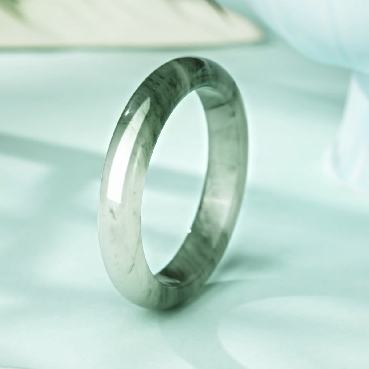 Natural Tianshan Green Bangle, Icy Translucent Floating Green Round Bangle, Wide Band Jade Bracelet with Certificate, Gift for Mom