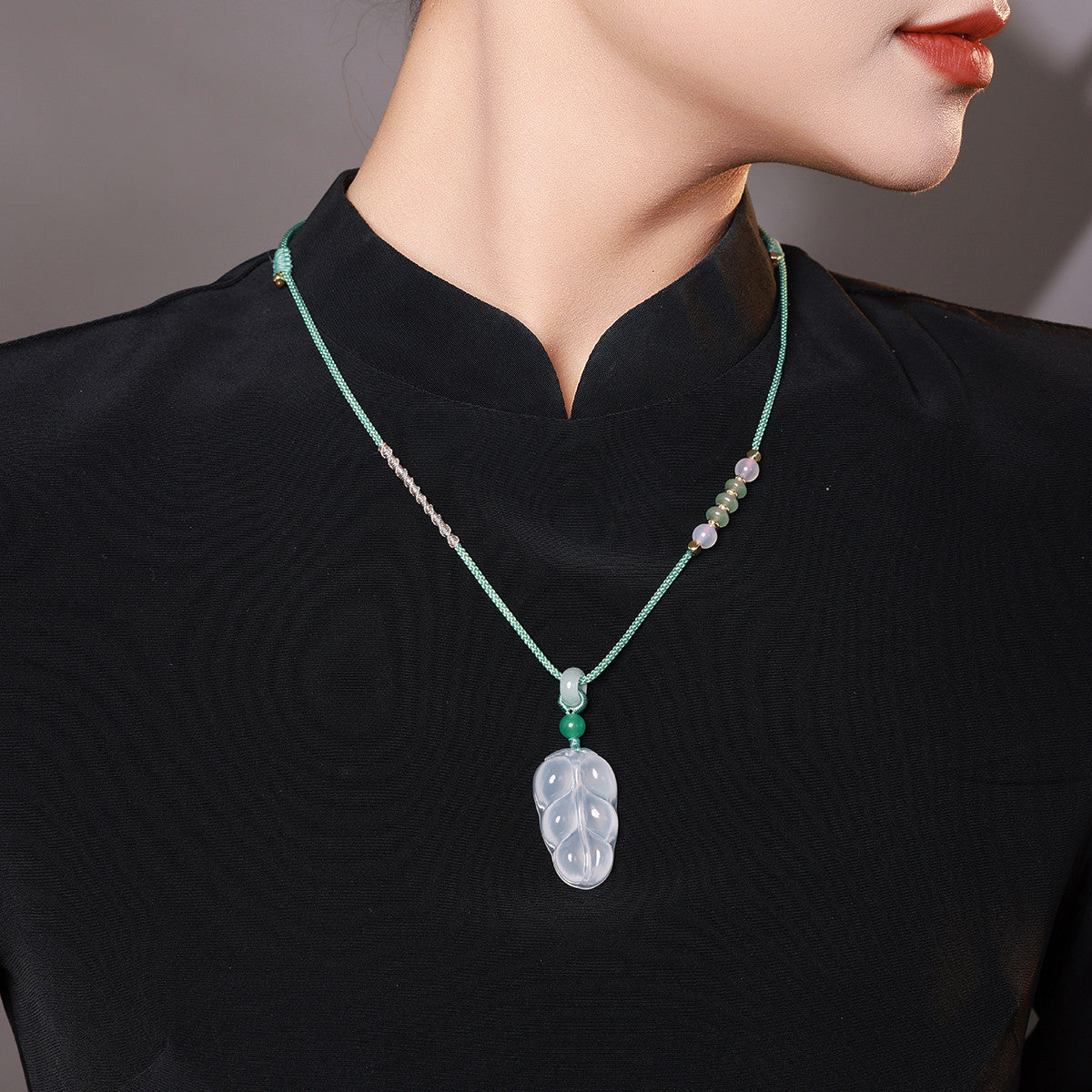 High Icy Chalcedony Leaf Pendant, Golden Branch & Jade Leaf Women Ornament, Holiday Gift