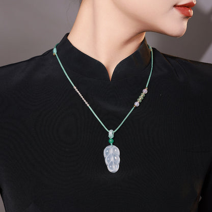 High Icy Chalcedony Leaf Pendant, Golden Branch & Jade Leaf Women Ornament, Holiday Gift