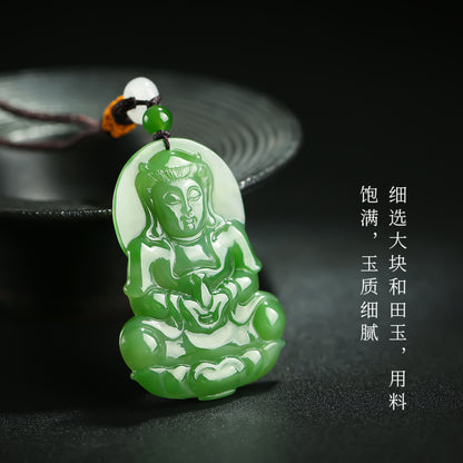 Unique Piece | Spinach Green Hetian Jasper Guanyin Pendant, Men's Bodhisattva Jade Ornament