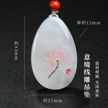 [Unique Item] Hetian Jade Pendant with Artistic Line-Carved Lotus, Unisex Jade Charm, Holiday Gift With Certificate
