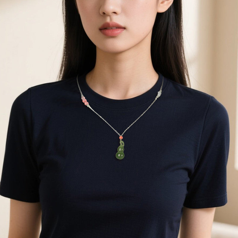 White & Lake Green Hetian Jade Small Gourd Pendant, Fortune Blessing Jade Charm