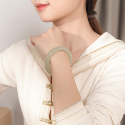 Collectible Hetian Jade Bracelet, Ice-Base Clear Water Material, Pale Cyan Jade Bangle, Peace Bangle, Gift for Mom & Girlfriend