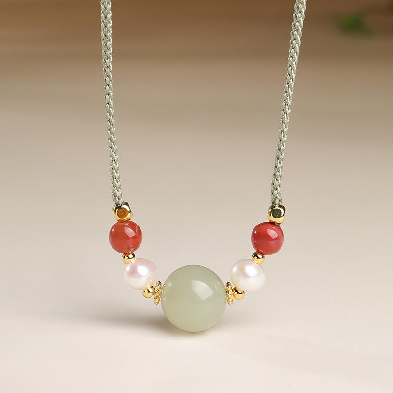 Minimalist Stylish Hetian Jade Barrel Bead & Round Bead Necklace