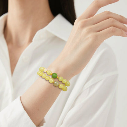 Glossy Hetian Yellow Jade Round Beads Multi-Gem Double-Layer Bracelet, Warm Tone Jewelry for Autumn & Winter