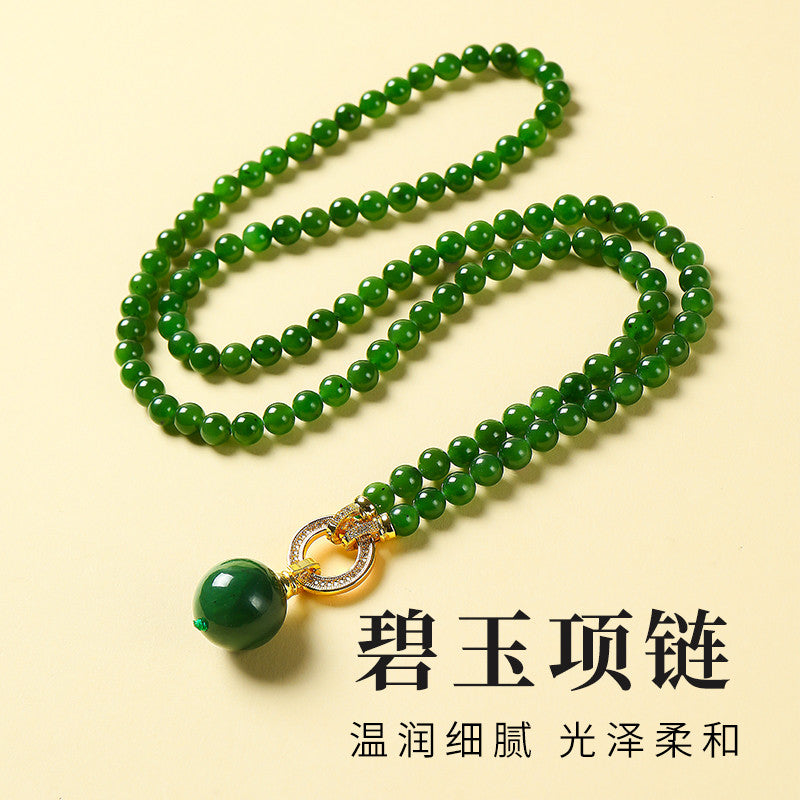 High-Oily Spinach Green Hetian Jasper Round Bead Necklace, Multi-use Sweater Chain