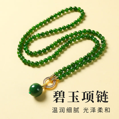High-Oily Spinach Green Hetian Jasper Round Bead Necklace, Multi-use Sweater Chain