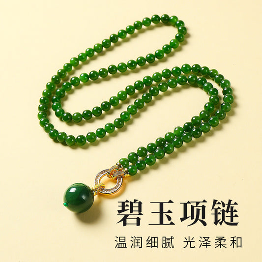 High-Oily Spinach Green Hetian Jasper Round Bead Necklace, Multi-use Sweater Chain