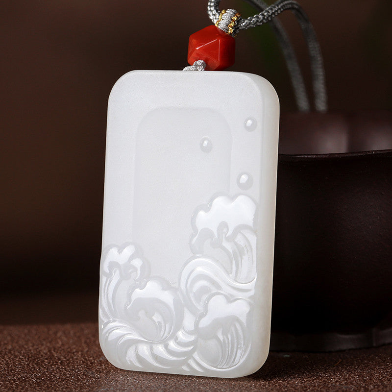 White Hetian Jade Pendant, Double-sided Carved Water Pattern Jade Ornament, Couple Style with Cord, Gift Ready