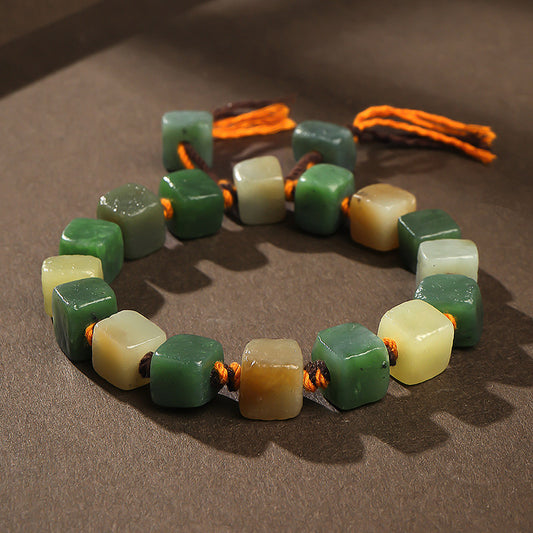 Vintage Style Hetian Jade Multi-tone Freeform Bead Bracelet with Weathered Texture, Unisex