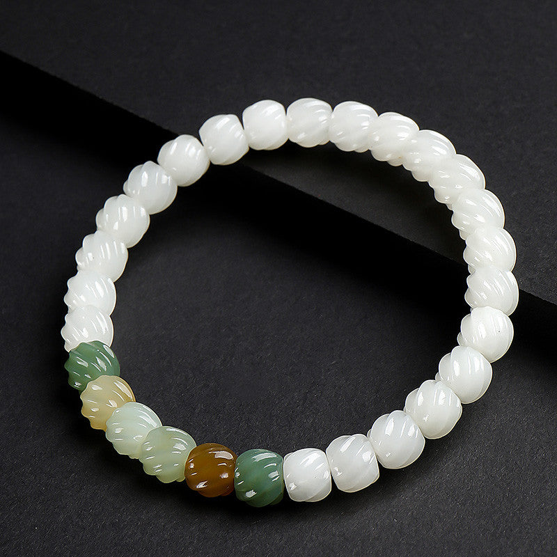 Women's Hetian Jade Bracelet, White Jade Twisted Beads Multi-Gem Single-Circle Bangle