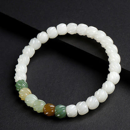 Women's Hetian Jade Bracelet, White Jade Twisted Beads Multi-Gem Single-Circle Bangle