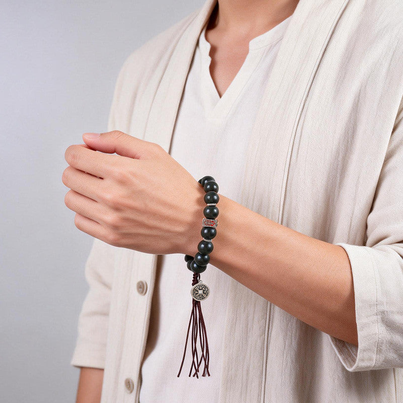 Unisex Green Hetian Jade Bracelet & Hand String with Mountain Ghost Coin, Festival Gift