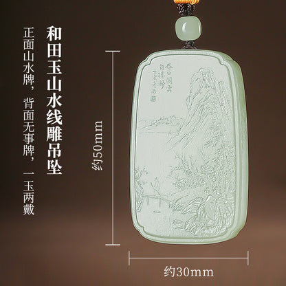 Master's Unique Piece | Hand Line-Carved Landscape Hetian Jade Pendant, Light Cyan & White Jade for Men & Women