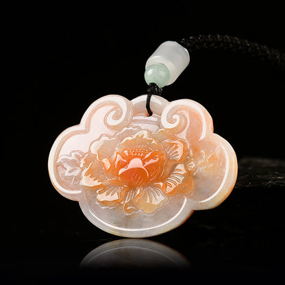 Natural Burmese Icy Jadeite Burnt Red Ruyi Peony Pendant, Unisex Jade Necklace, With Certificate & Collectible Value