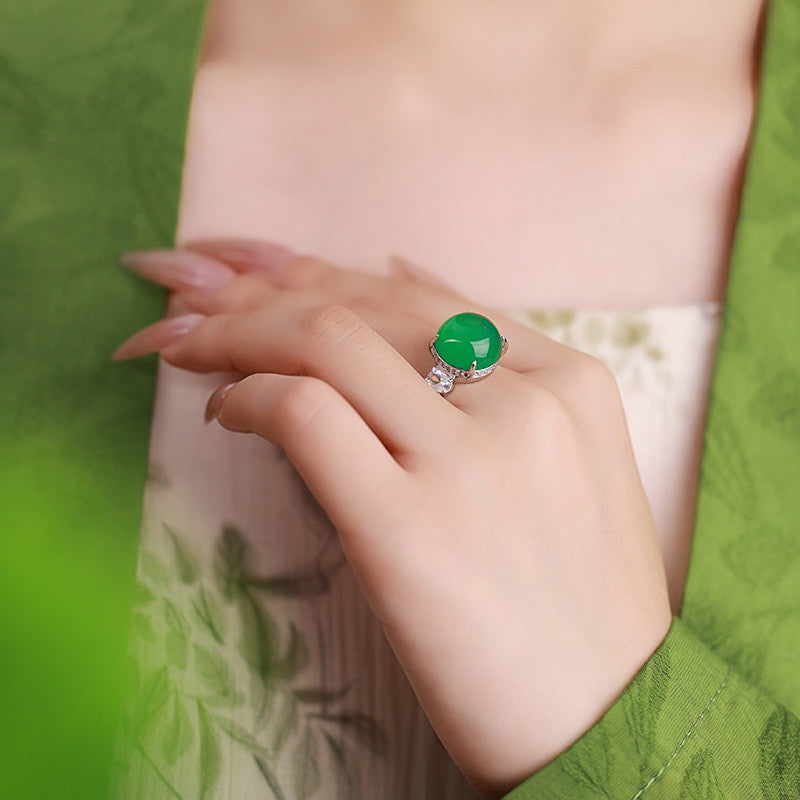 Natural Chalcedony 【Moonlight Glow】Oval Cabochon Ring, Niche Design Elegant Finger Ring, Minimalist Daily Wear