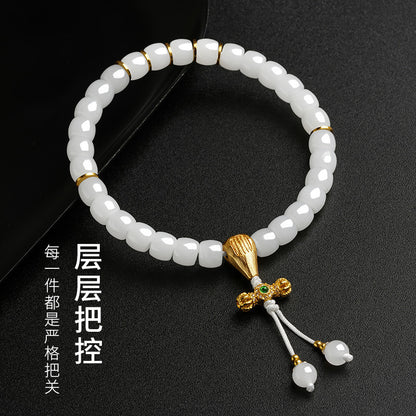Hetian Jade Bracelet, Exquisitely Carved Straight-Cut White Jade Beads, Vajra Pestle & Five-Script Single-Circle Handheld Bangle