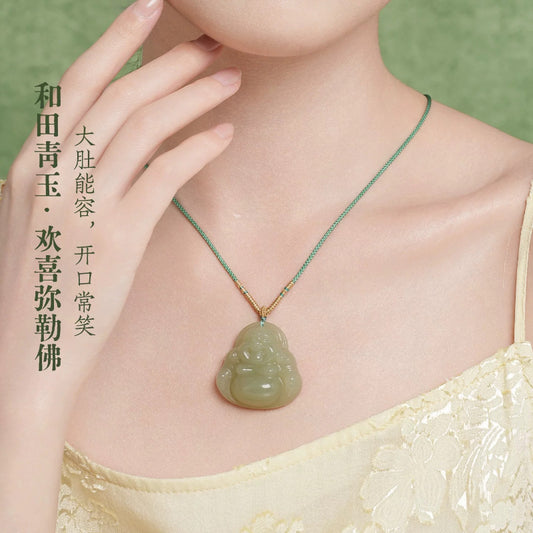 Natural Hetian jade Buddha pendant necklace for women, a symbol of peace and safety.
