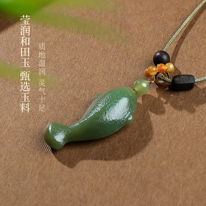 Swim Like Fish in Water｜Yellow-Cyan Hetian Jade Fish Pendant Unisex, With Cord & Certificate